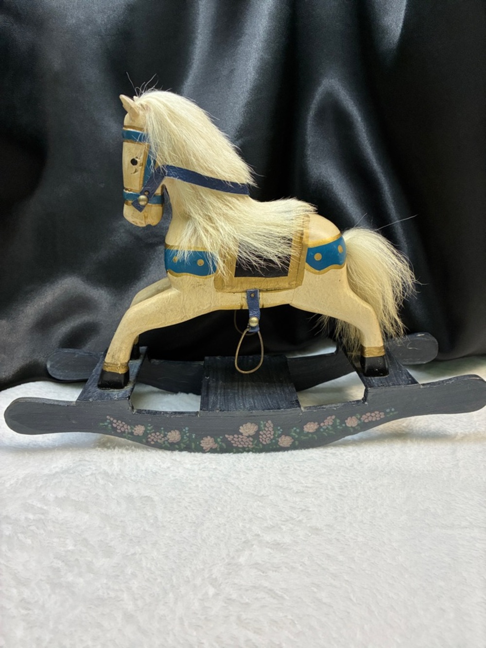 Hand-Painted Cream Wooden Rocking Horse with Blue Accents